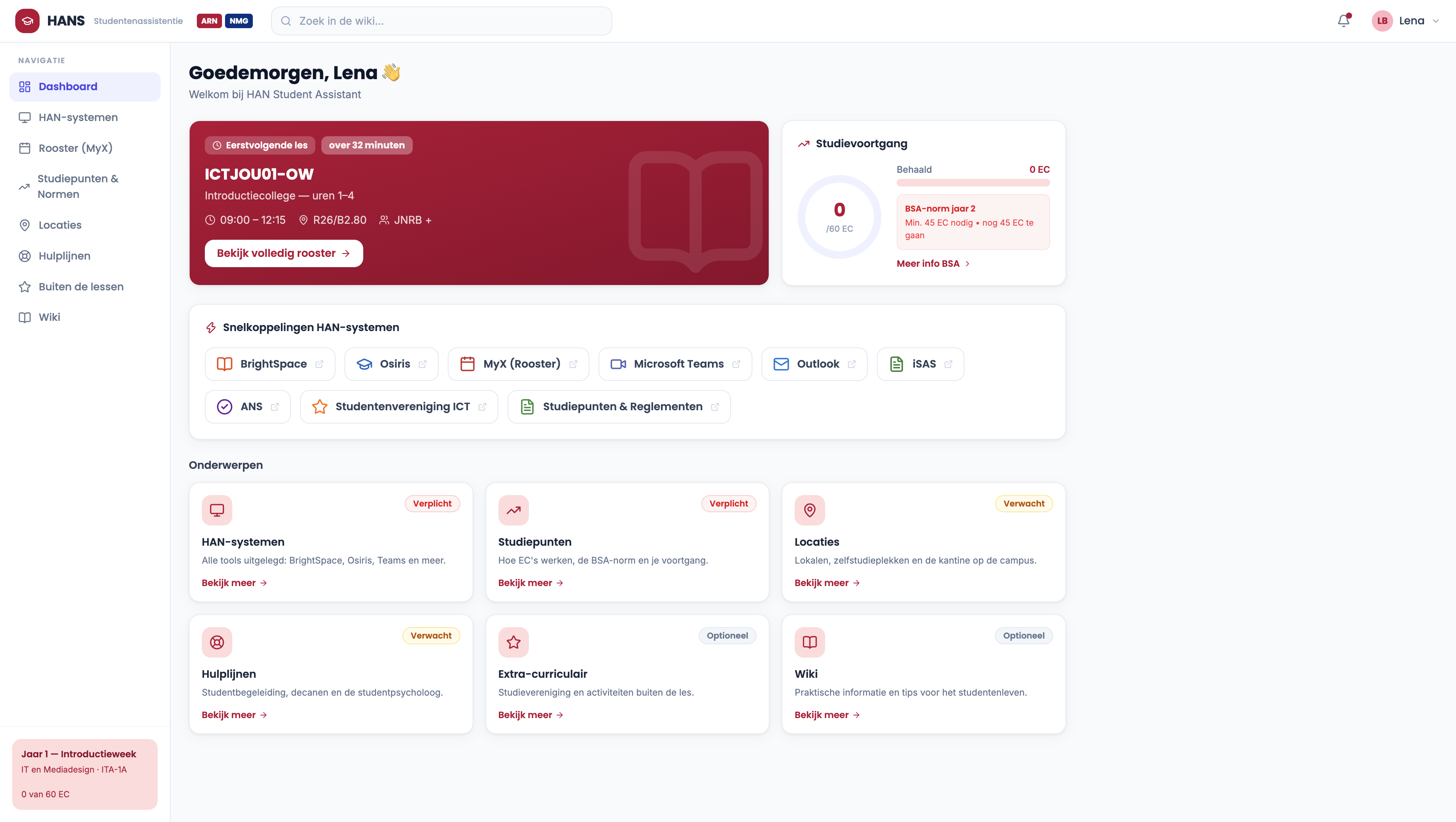 HANS student dashboard
