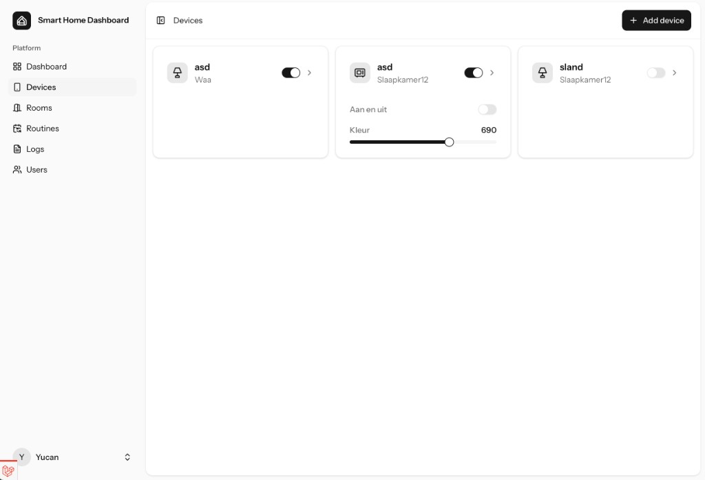 Devices page with toggles and color controls